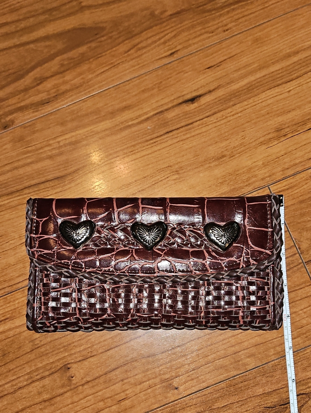 Brown Woven croc embossed Leather Heart Accent Clutch Wallet